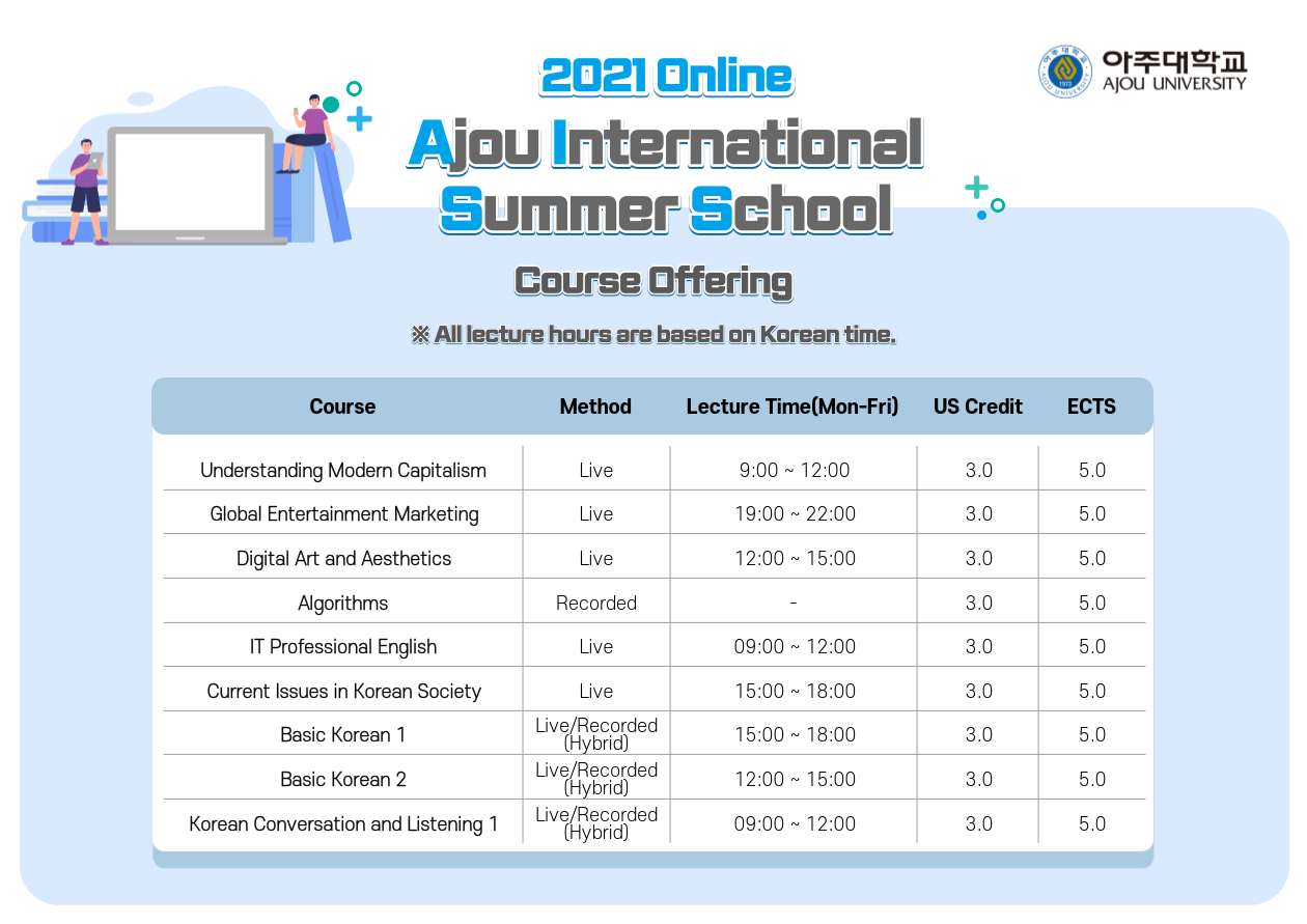 july 6th - july 17th 2020(2weeks) AJOU UNIV SUMMER IN KOREA
      Globalization and the K-Wave
      Intrigued by Globalization and K-Culture?
      Explore Korea with Ajou University
      Ajou University